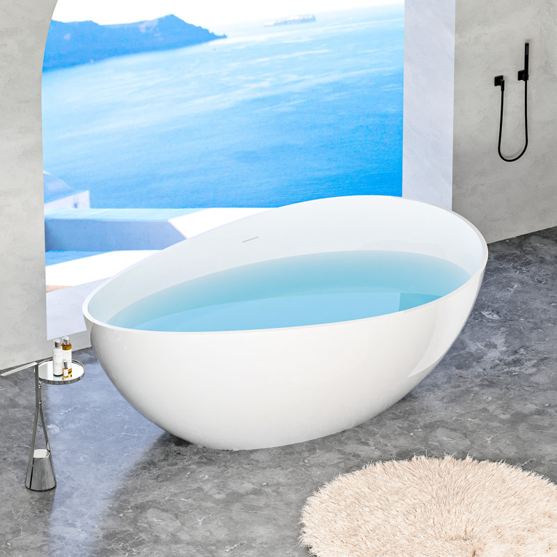 63" Freestanding Stone Resin Bathtub, Glossy White, With Pop - Up Drain And Relaxing Spa Like Experience In Bathroom Luxury White Soaking Bathtub Of Overflow For Contemporary Decor