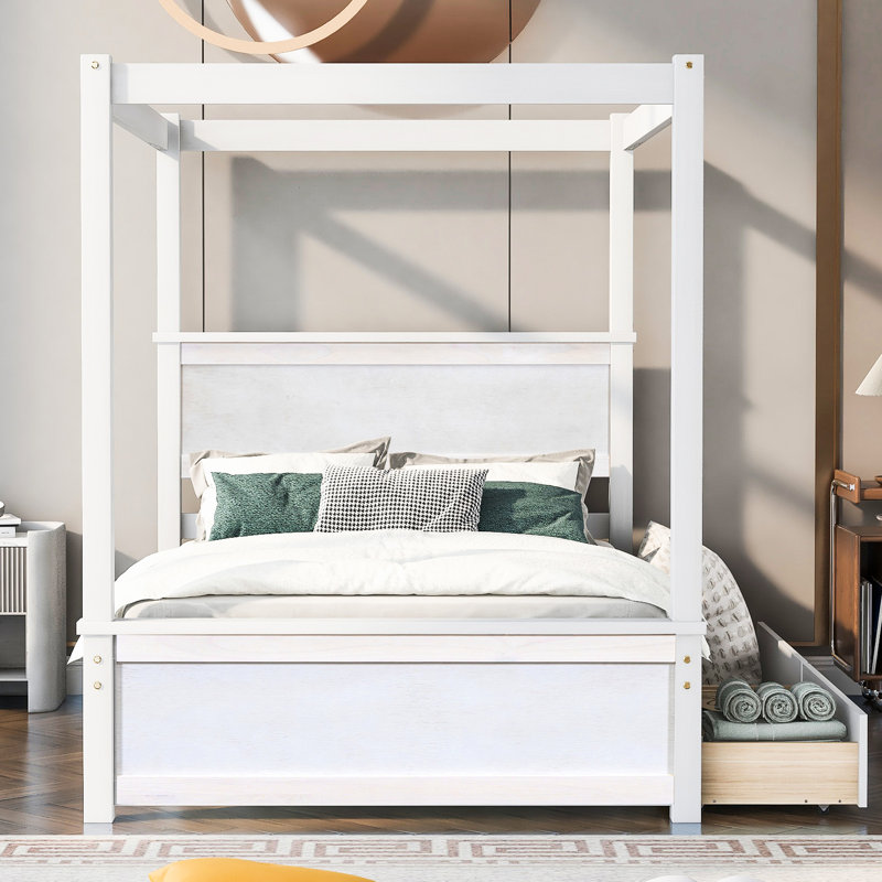 Lit à baldaquin moderne, blanc brossé, capacité de poids de 350 lb, avec 2 tiroirs pour un lit de chambre à coucher élégant Options de rangement supplémentaires, H 71,2 po, construction solide