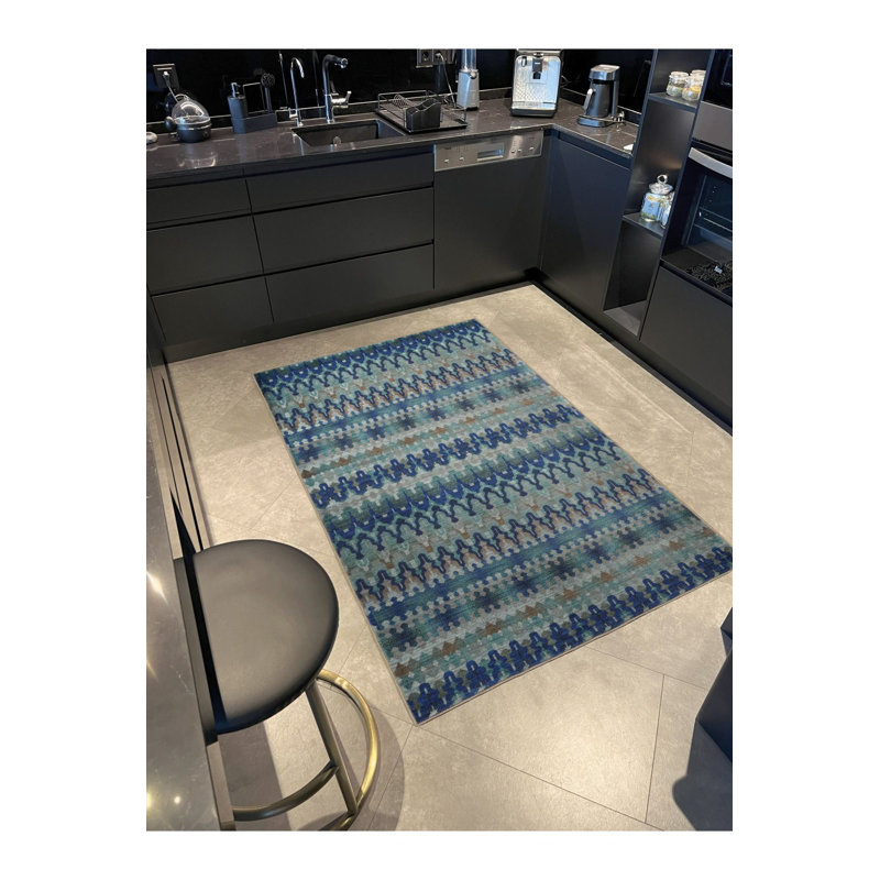 Tapis bleu-vert à motif géométrique mixte, Tapis de couloir 3 pi 3 po x 6 pi 7 po inclus