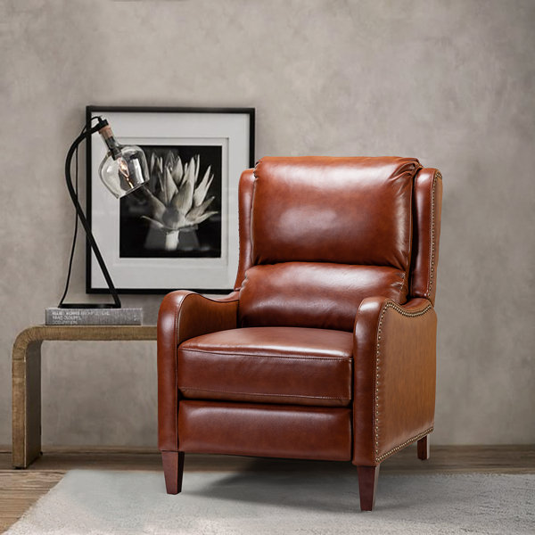 James Saddle Brown Faux Leather Standard Push Back Recliner with Nailhead  Trim