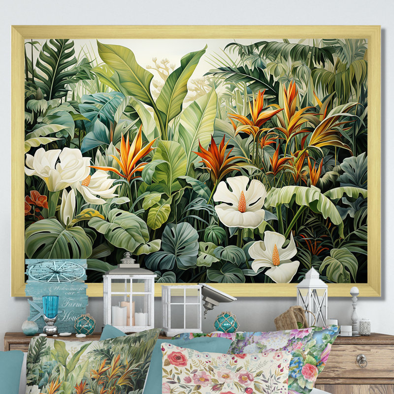 Décoration murale blanche botanique contemporaine Jungle Wonders - Plantes, Cadre doré simple, H 24 po x l 32 po x P 1 po