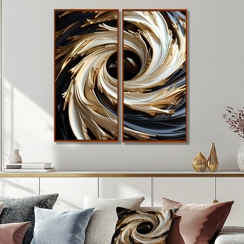 Spirale abstraite blanche et dorée abstraite - spirales abstraites, art mural, 20" H x 24" W, Impression encadrée flottante