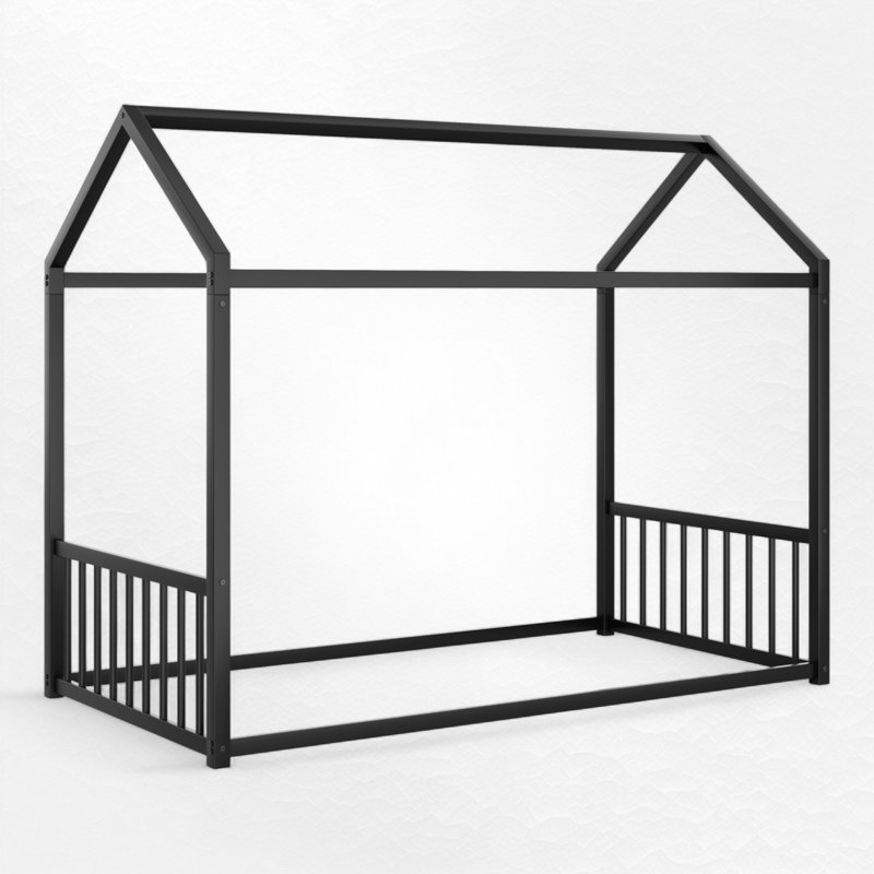 Metal Canopy Bed Floor House Bed, Twin, Black