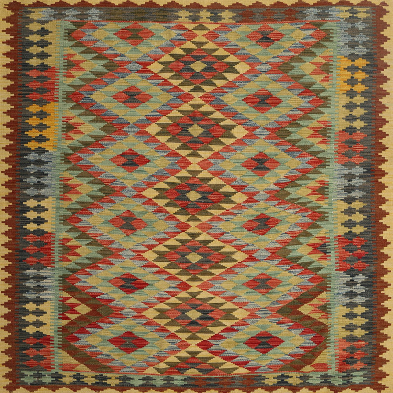 Tapis brun/gris/rouge contemporain, Carré 8 pi