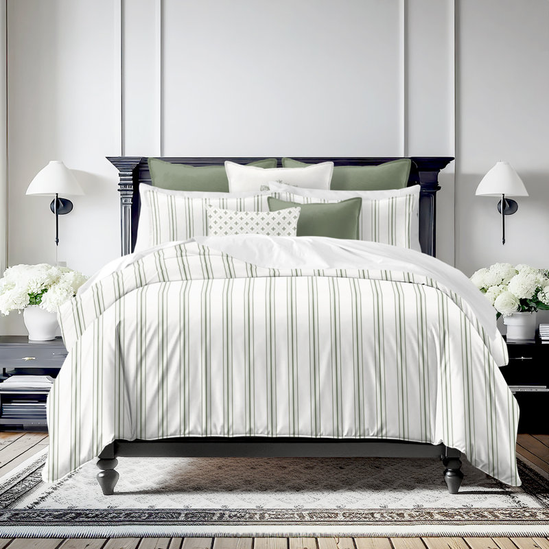 August Stripe Reversible Cotton Duvet Cover Set, Twin Duvet Cover + 2 Standard Shams, Sweet Grass