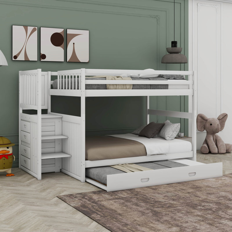 Kids Full Over Full Bunk Bed with Trundle with Drawers, White