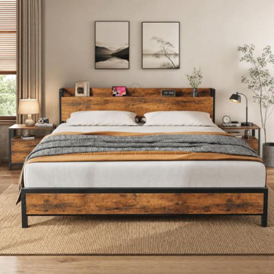 Heavy-Duty King Size Bed Frame with Storage Headboard, Rustic Brown