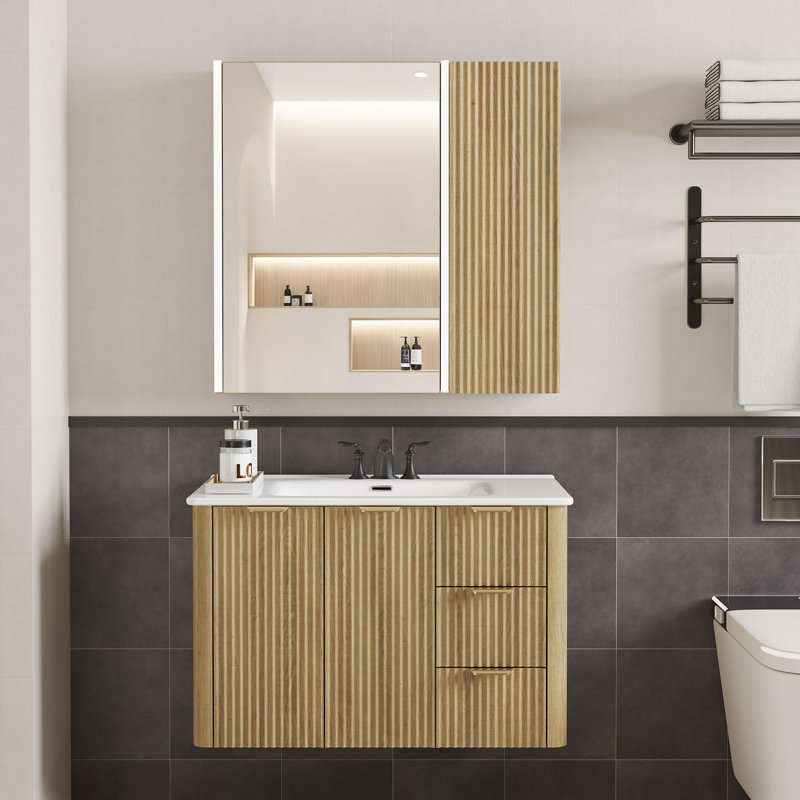 Meuble-lavabo flottant avec lavabo et armoire à pharmacie avec lumière DEL, 30", Jaune