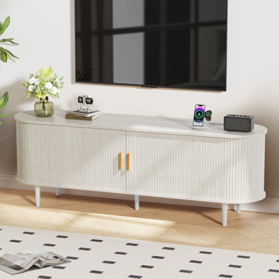 63" Fluted TV Stand With Power Outlet and Adjustable Shelves, Mid Century Modern TV Console, Sliding Doors Entertainment Center and Media Console for TVs 40" - 65"