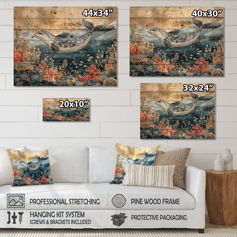 Aquarium avec sceaux au-dessus du corail I - impression sur bois de phoque - sur bois de pin naturel