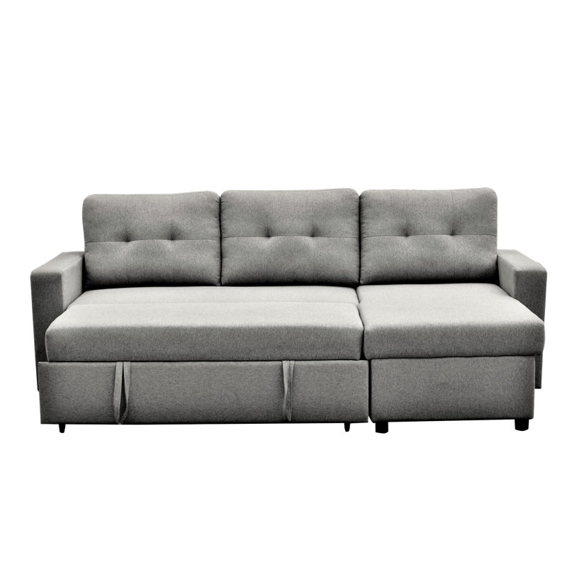L-Shaped Sleeper Sectional In Grey, Space Saving For Living Room, 3 Grey Bed , Rooms,, Gray Polyester