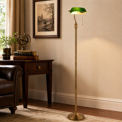 Banquero Vintage Floor Lamp With Adjustable Glass Shade, Green Or White, Antique Brass Banker’s Style Reading Lamp