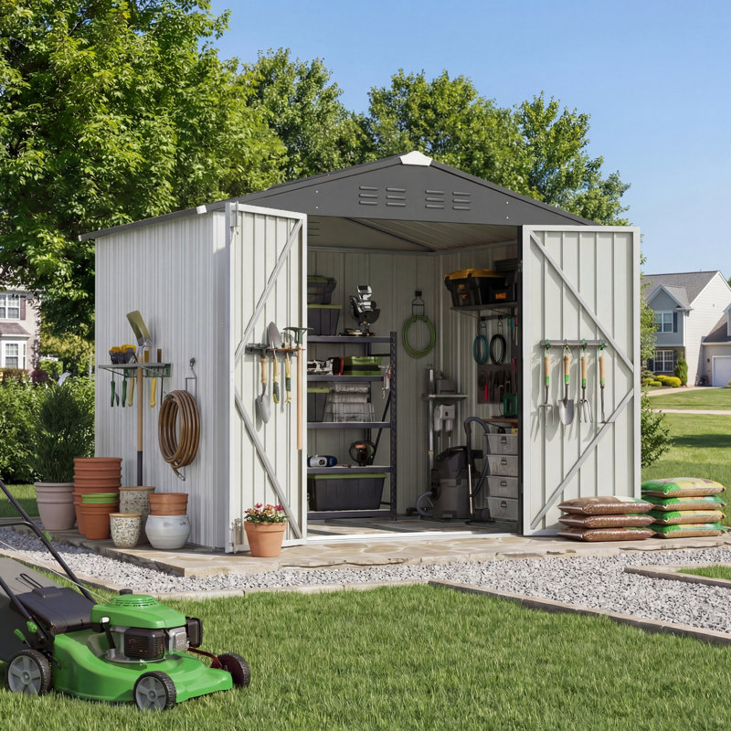 8 Ft. W X 6 Ft. D Metal Storage Shed With Floor Frame, White, White