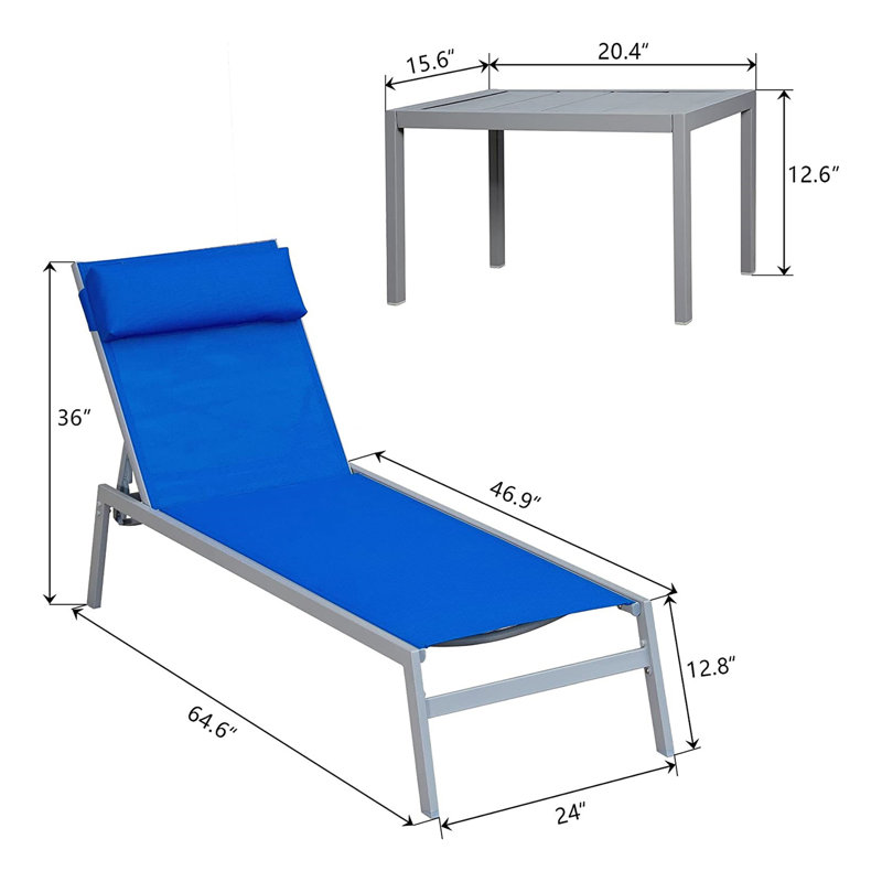 Patio Chaise Lounge Set, 3 Pieces Adjustable Backrest Pool Lounge Chairs Steel PVC-coated polyester Sunbathing Recliner With Headrest (2 Lounge Chairs+1 Table)