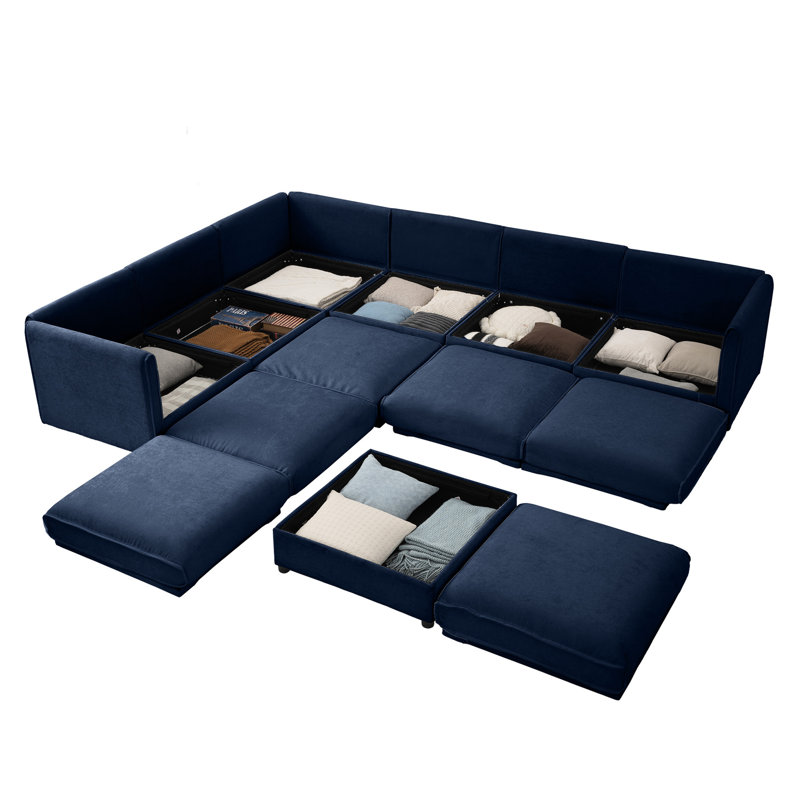 Grand canapé modulaire pour le salon - 6 sièges, rangement, chenille bleue, fauteuil cylindrique en chenille, cylindrique