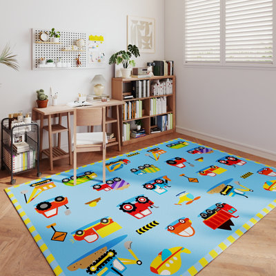 4x5ft Children's Area Rug,Children's Truck Pattern, Faux Cashmere Non-Slip Carpet, Suitable for Living Room, Bedroom, Children's Room, Home Decor