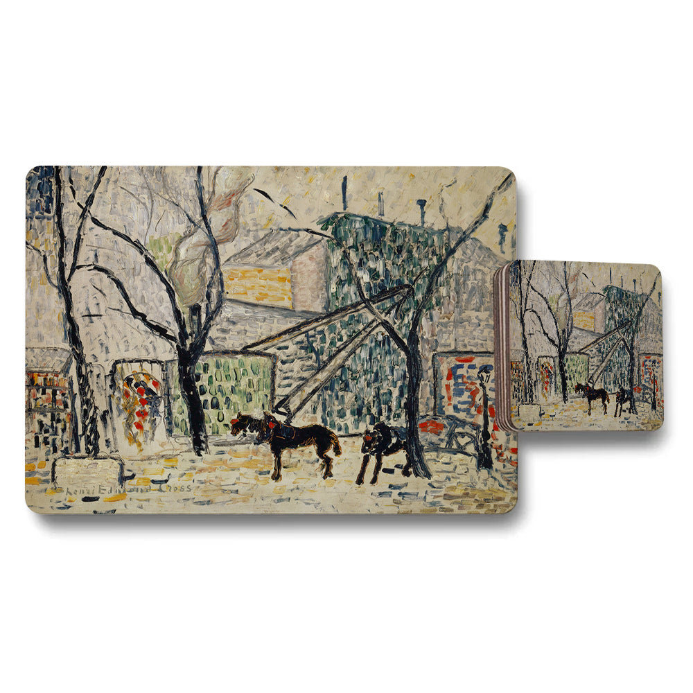 Impressionist Winter Street Scene Placemat And Coaster Set