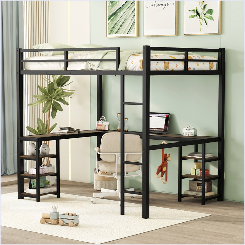 Lit mezzanine double en métal avec bureau et tablettes