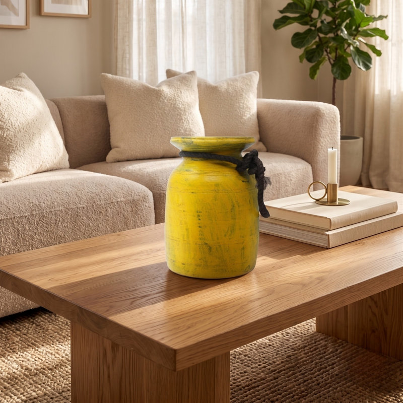 Vase en bois jaune campagnard avec corde rustique