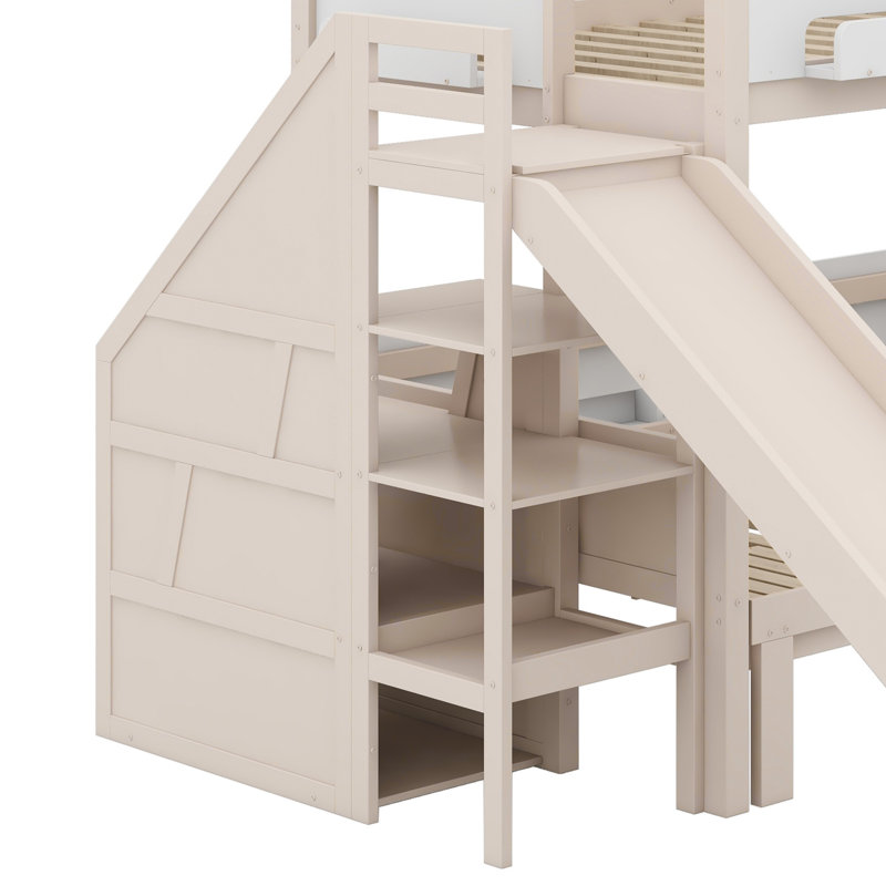 Bunk Bed, House-Shaped with Slide and Storage Staircase, Sturdy Frame, Beige+White