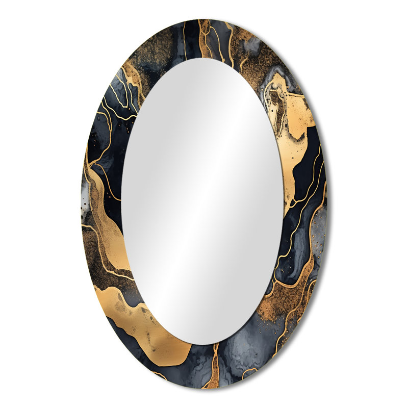 Gold And Grey Marble Glimmering Galaxies IV - Abstract Oval Decorative Mirror On Metal, 36" x 24"