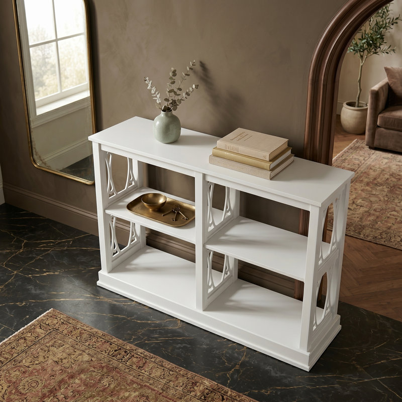 Console 47 po en bois d'acacia massif - Canapé d'entrée à 3 niveaux avec découpes à commande numérique - finition blanc pur