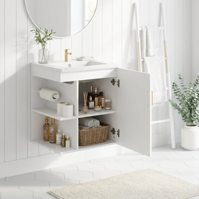 Ensemble de meuble-lavabo mural moderne avec lavabo en céramique et rangement latéral