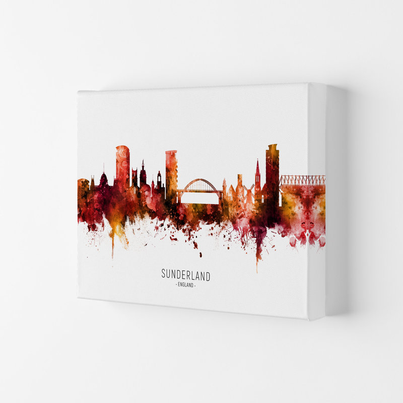 Sunderland England Skyline Red City Name by Michael Tompsett - 1 Piece Wall Art, 42cm H x 59.4cm W x 4cm D, Wrapped Canvas