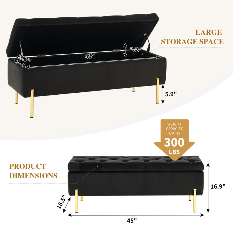 Repose-pieds en velours avec banc de rangement, siège polyvalent avec rangement caché, banc de bout de lit, banc capitonné avec rangement