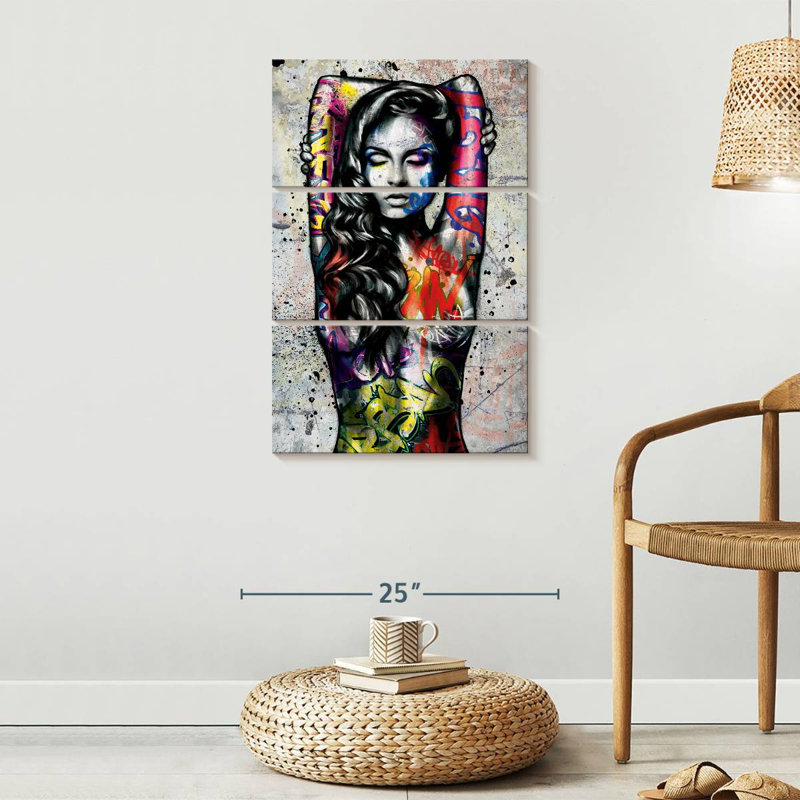 Portrait de femme grunge sur toile, ensemble de 3 pièces, H 32 po x l 20 po x P 1,25 po