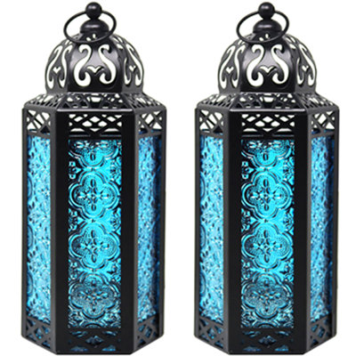 Lampe de bougie marocaine de style lanterne marocaine pour la table ou la pendaison, les décorations du Ramadan, les mariages, la décoration intérieure, le patio extérieur ou le porche (ensemble de 2)