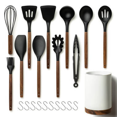 BINO 2-Piece Wooden Handle Silicone Mixing Spoons & Spatulas Set - Black, Heat Resistant Kitchen Utensils for Nonstick Cookware, BPA Free, Cooking  Utensils & Serving Food