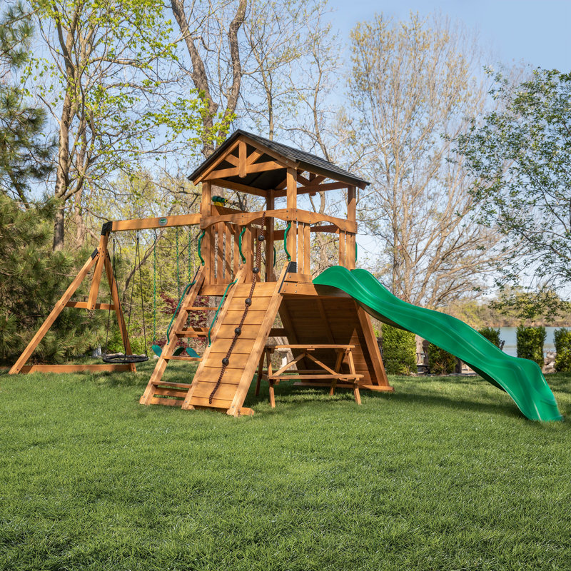 Endeavor II Cedar Wood Swing Set with Green Wave Slide