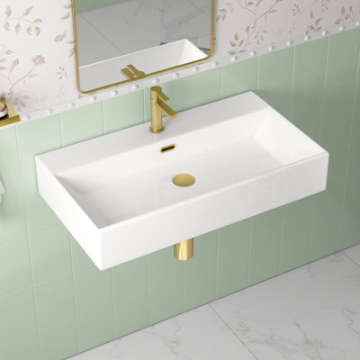 Lavabo de salle de bain mural rectangulaire en porcelaine vitreuse avec anneau de débordement argenté l 30 "x P 16" Turner