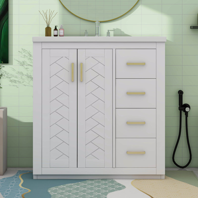 Ensemble de meuble-lavabo 30 po avec lavabo en céramique et porte à 3 tiroirs, Blanc