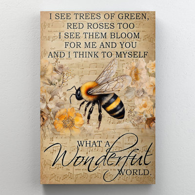 Tableau sur toile tendue « What A Wonderful World Bee On Sheet Music » - Décoration murale pour salon, chambre ou bureau