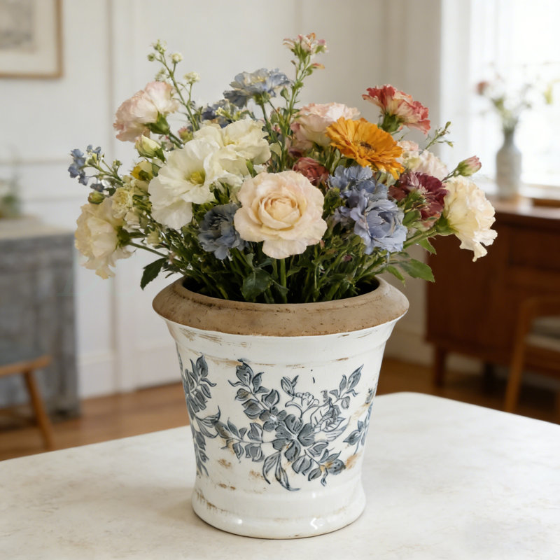 7.1X7.1X6.7" Ceramic Planter With Floral Pattern, Set Of 2