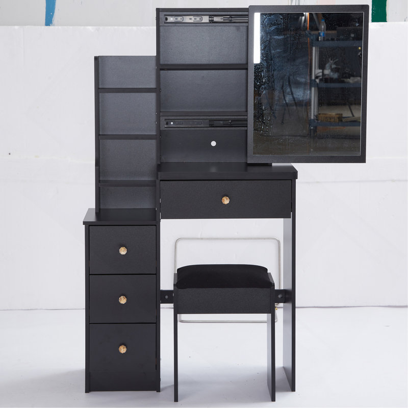 29.2" Small Space Left Bedside Cabinet Vanity Table + Cushioned Stool, Extra Large Right Sliding Mirror, Multi Layer High Capacity Storage, Practical Fashionable Dresser, Suitable For Small Space