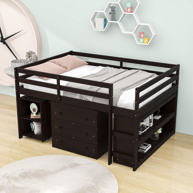 Englas Kids Full Loft Bed with Drawers, Espresso