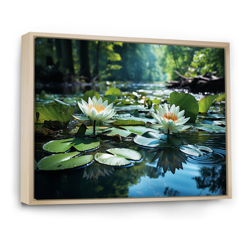 " Country Charm Tranquil Pond ", 24" H x 32" W x 1" D, Brown Floater Framed