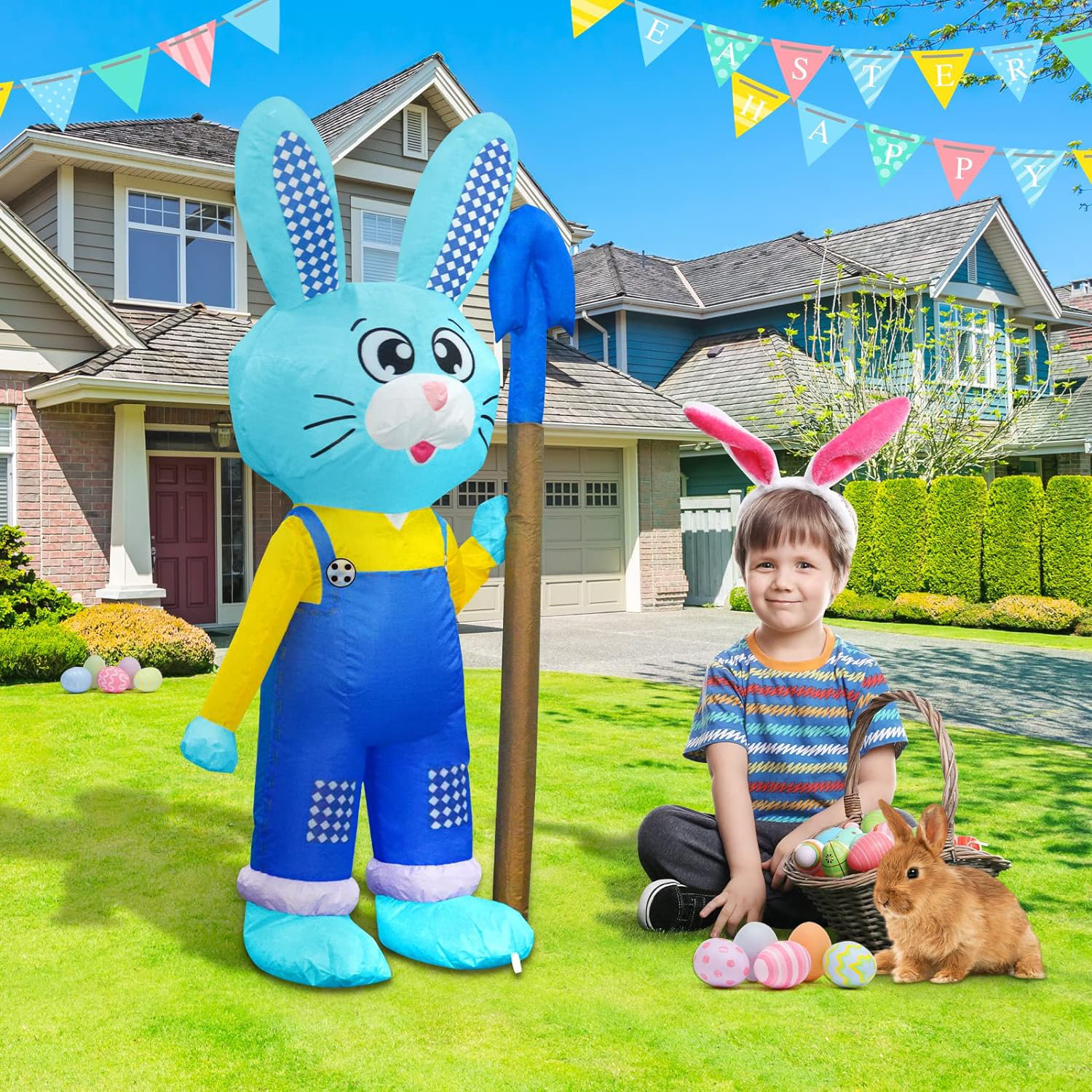 The Holiday Aisle® Easter Inflatable 4 FT Blue Easter Bunny Inflatables Outdoor Decorations Blow