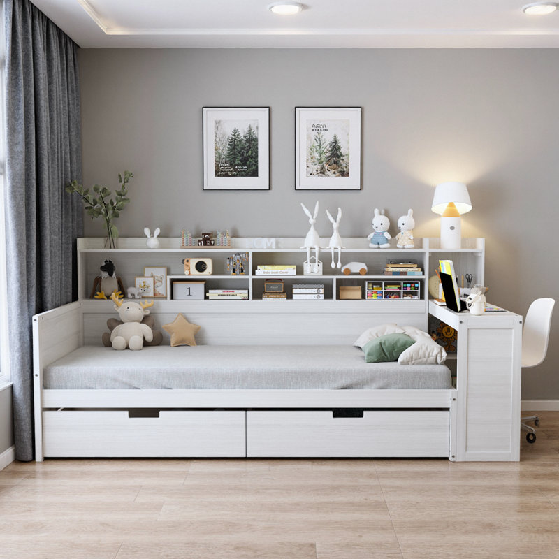 Lit de jour simple blanc antique avec tiroirs de rangement, tablettes et bureau d'étude intégré - Lit multifonctionnel peu encombrant