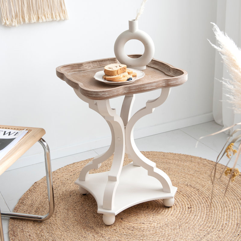 Set of 2 White and Natural Wood Tray Top End Tables
