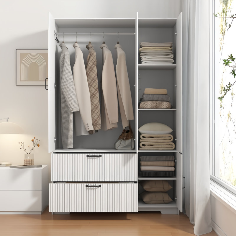 Garde-robe 4 portes avec miroir - garde-robe à DEL avec 2 tiroirs, armoire de rangement en bois avec tringle et tablettes réglables