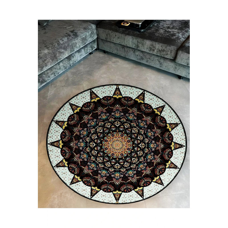 Multicolored Antique Woven Base Modern Decorative Carpet With Turquoise Details, Round 2'8"