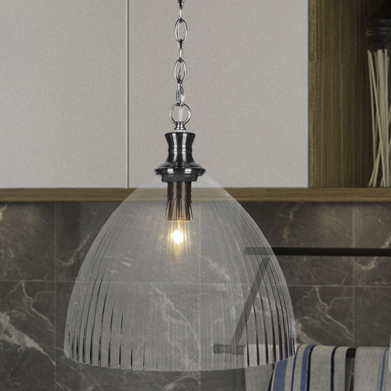 Luminaire suspendu à chaîne Carina, fini nickel brossé avec verre côtelé transparent de 14 po