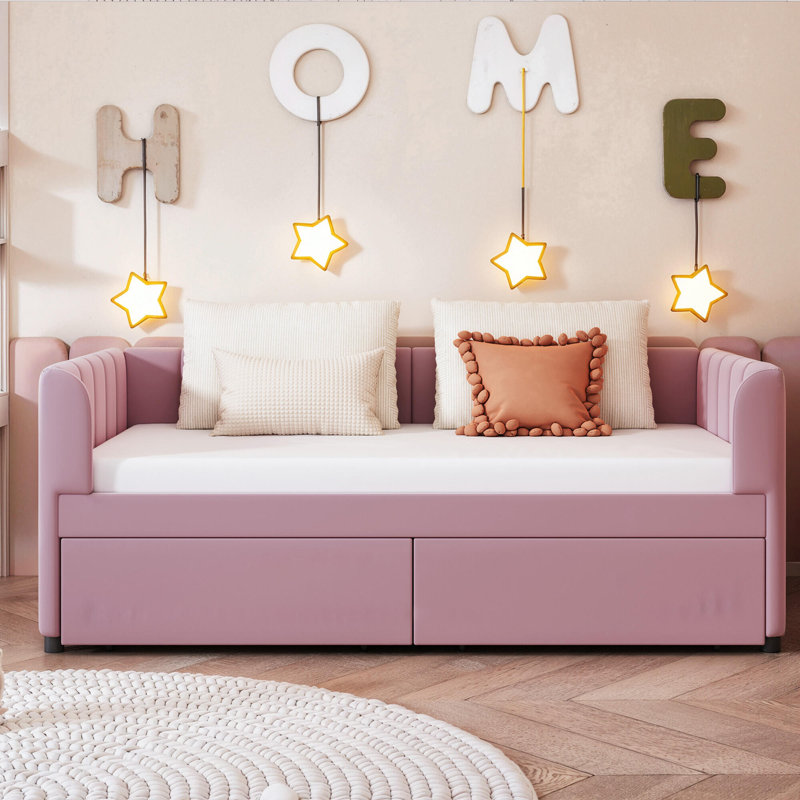 Lit de jour simple rembourré avec dossier ergonomique et 2 tiroirs, Gris