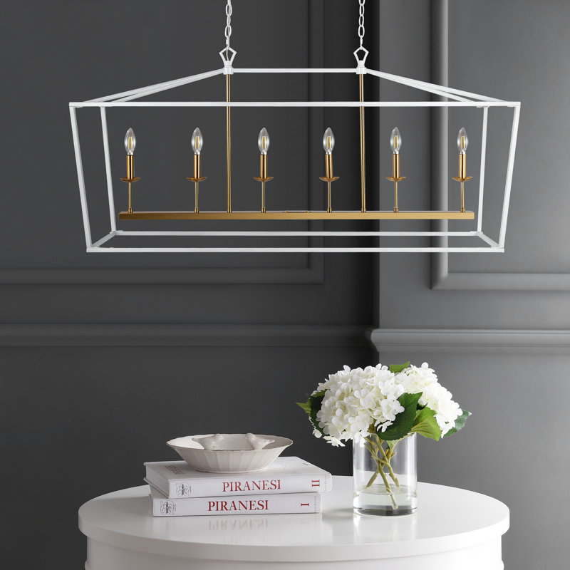 Luminaire suspendu linéaire à 6 lumières pour îlot de cuisine Joree, Blanc / laiton doré