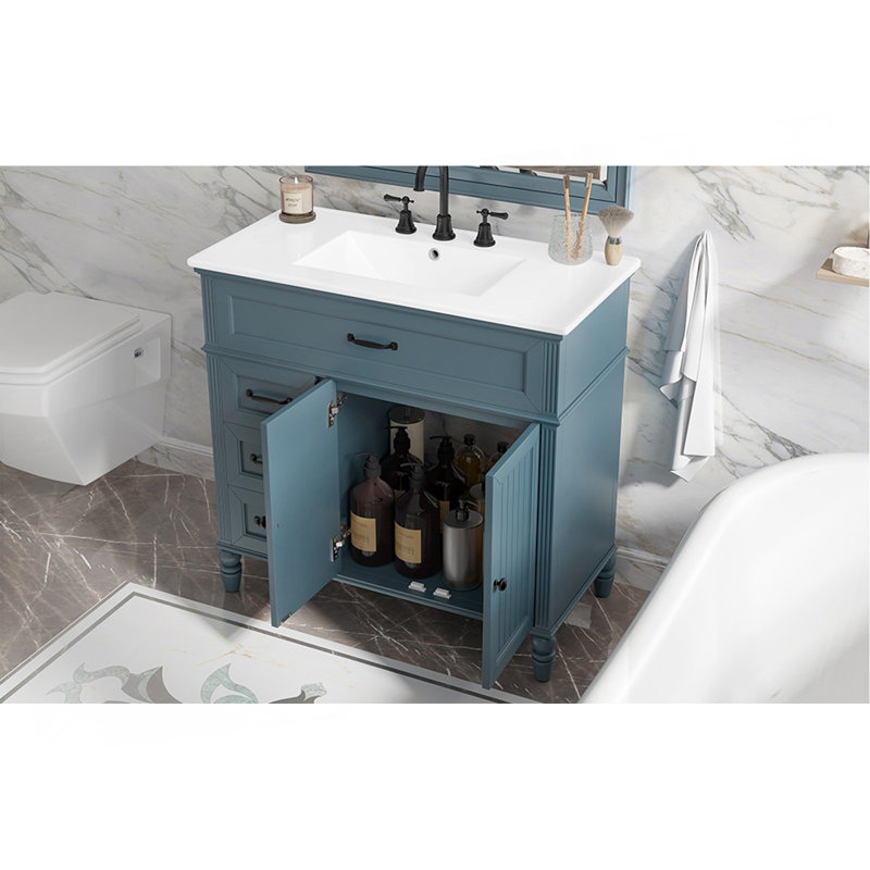 [Video] 36" Bathroom Vanity with Sink, Bathroom Cabinet with Drawers, Solid Frame and MDF Board, One Package, Black, Blue