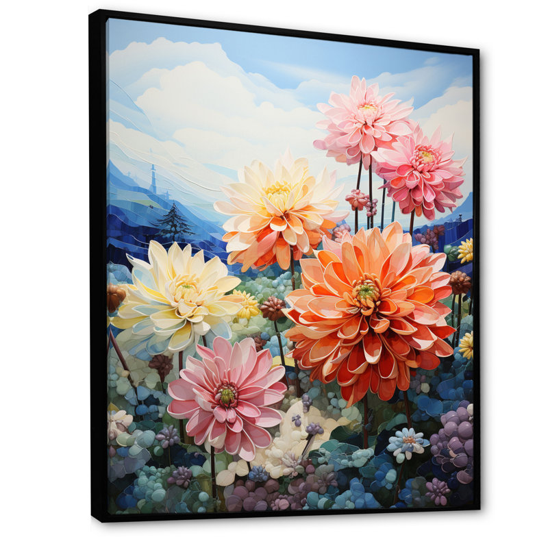Zabdi Dahlia Field Pointillism Dot - imprimé, H 32 po x l 16 po x P 1 po, Cadre flottant noir